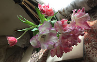 Photo by Sheila Webber of parrot tulips in a Radford vase in March 2024